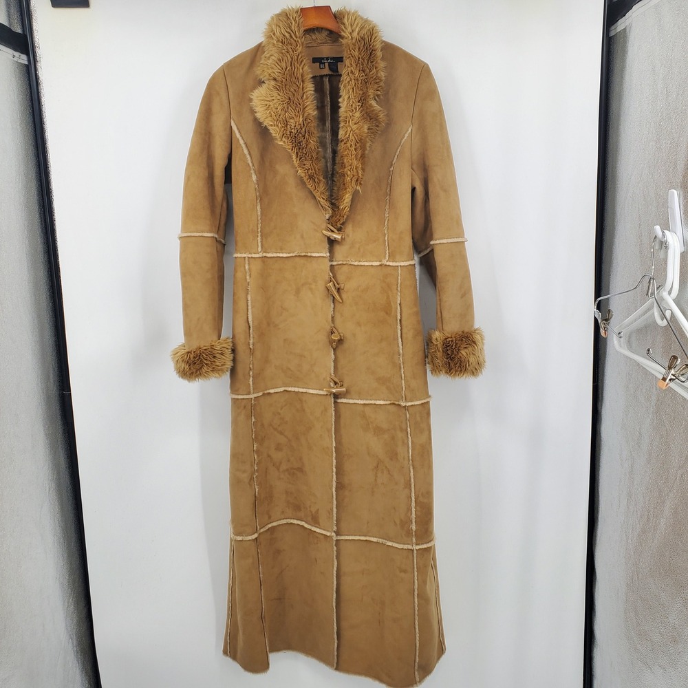 Vintage Y2K Zara Basic Penny Lane Faux Shearling Suede Trench Coat Fur Trim Maxi